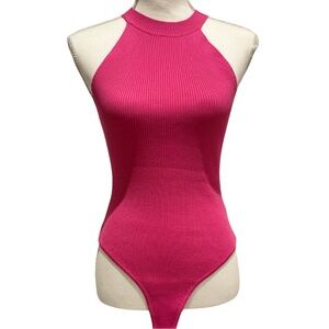 NWOT Pink Halter Bodysuit | Stretchy Ribbed Knit (L)